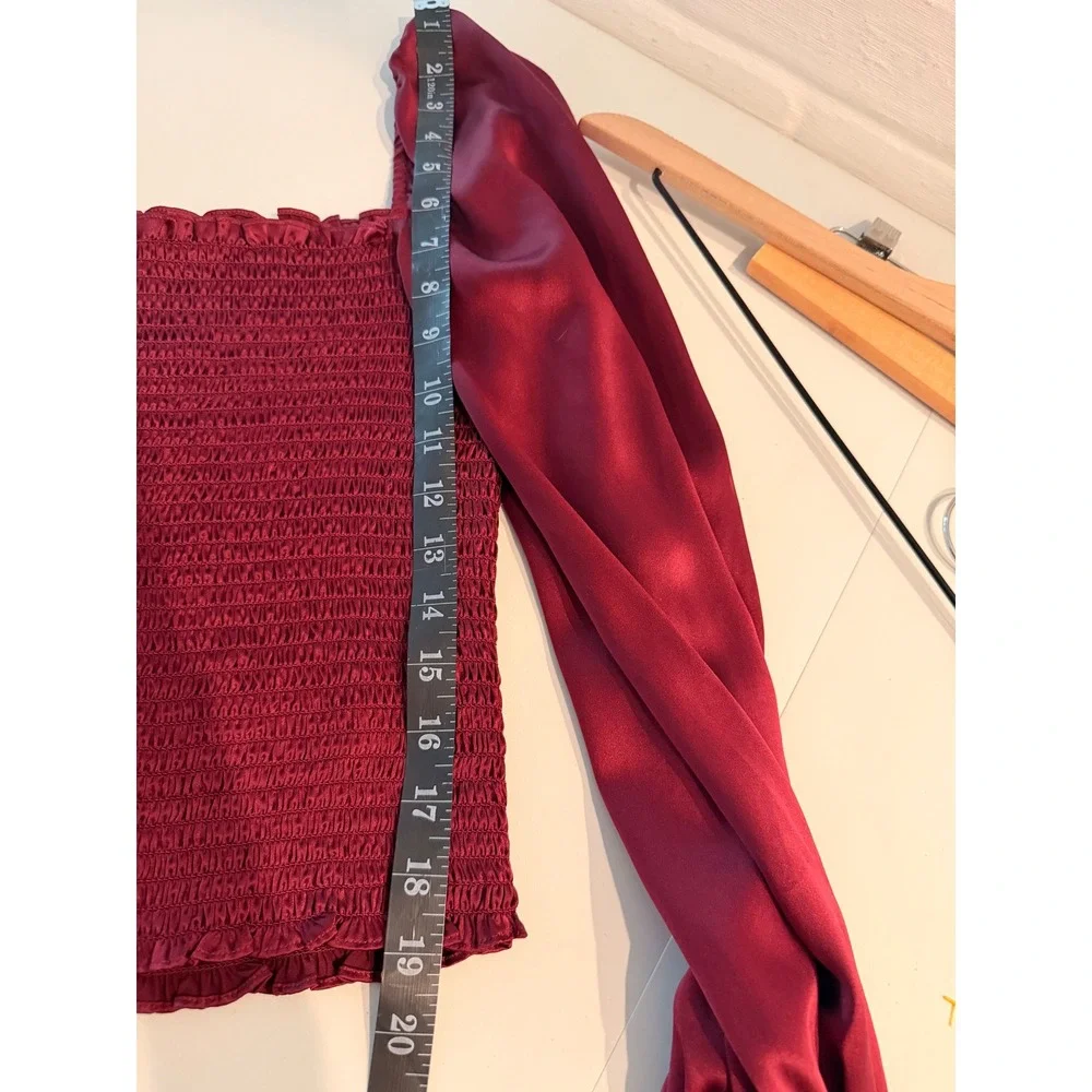 Reformation Burgundy 100% Silk Smocked Long Sleeve Square Neck Chamomile Top  S‎
